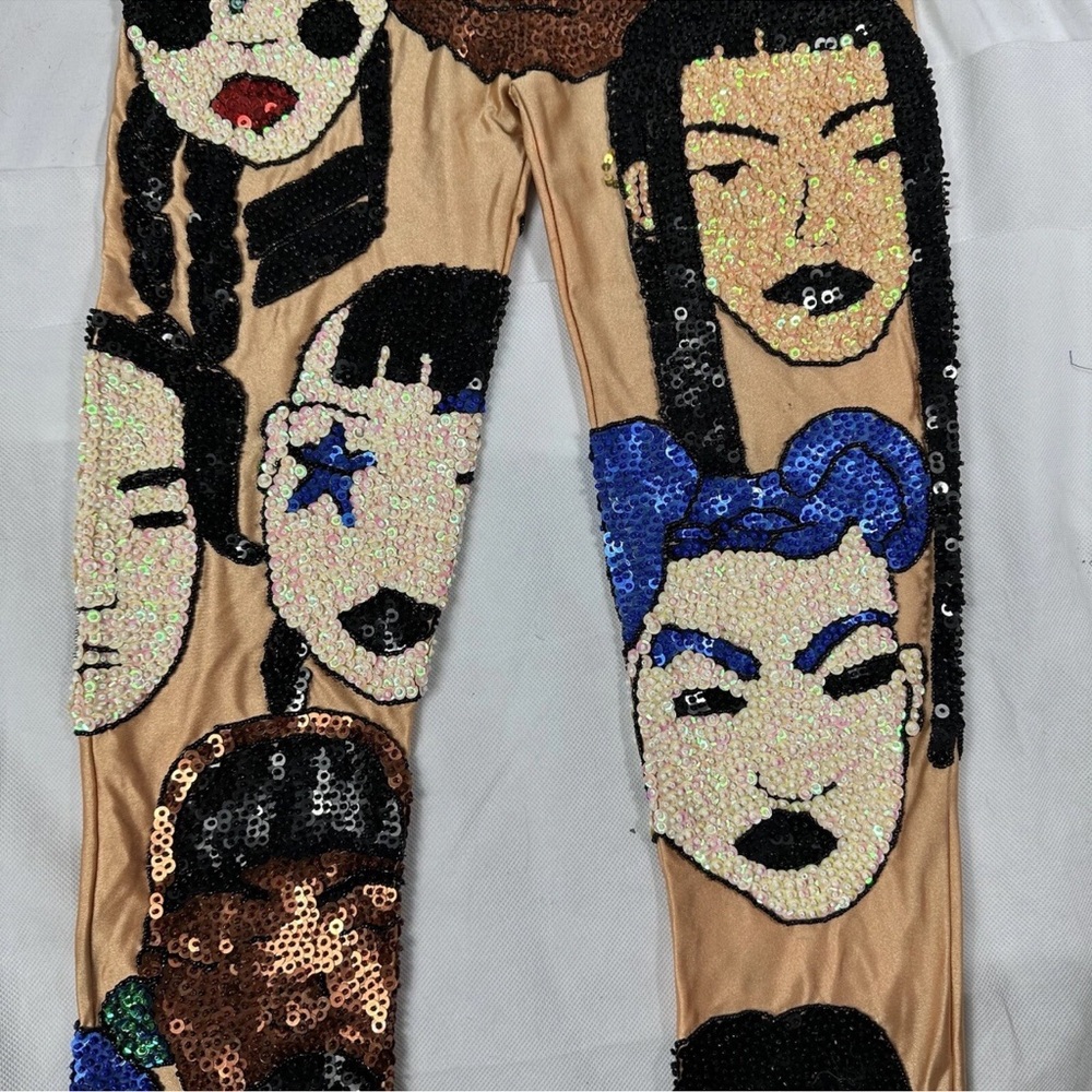 Discount Universe Sequin Nude Teal Blue Faces Bodysuit Size Small NEW With Tags - Picture 6 of 14